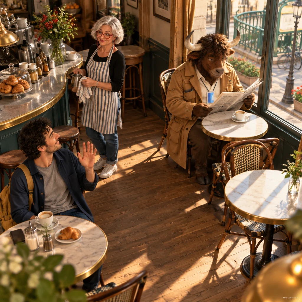 From above, Sam raises a small wave toward the newcomer still at the zinc with Odile, while Gaspard reads by the window.