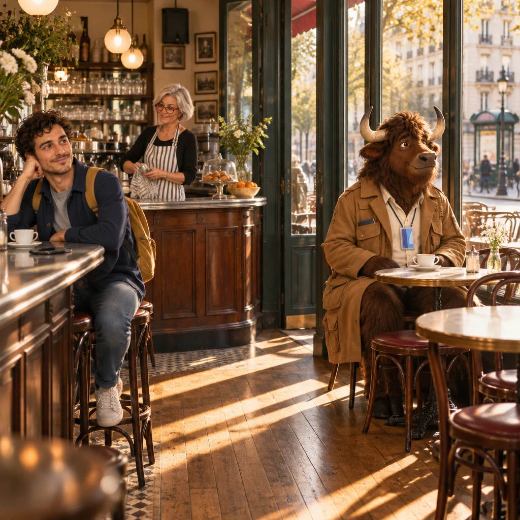 A wide late-afternoon Café des Tilleuls interior with Sam small at the zinc, Odile behind the counter, Gaspard by the window on extra chairs, and an empty table left waiting.