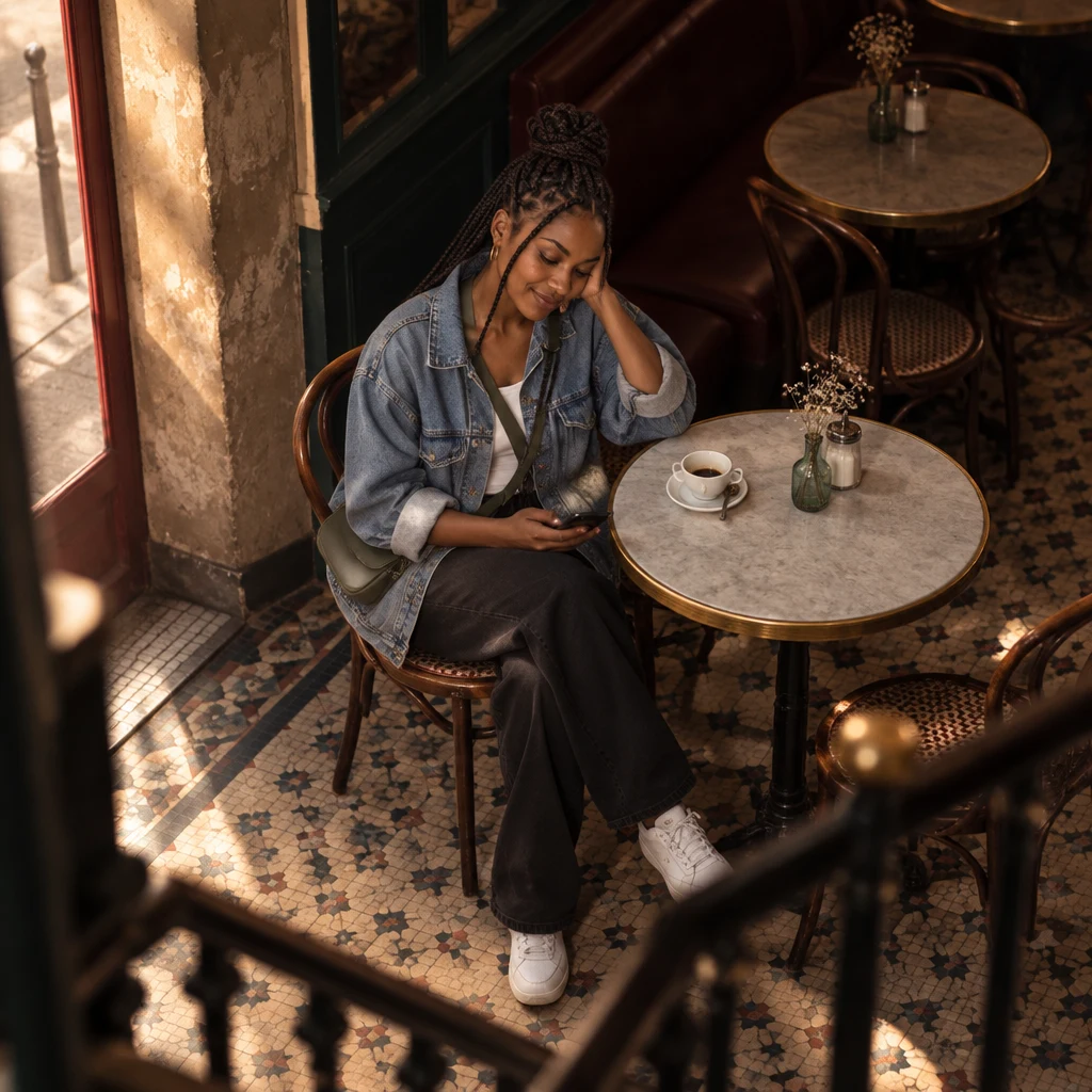 Inès has dropped into a bistro chair in a quieter lower room of the cafe, shoulders slack, too tired to bother with anything.