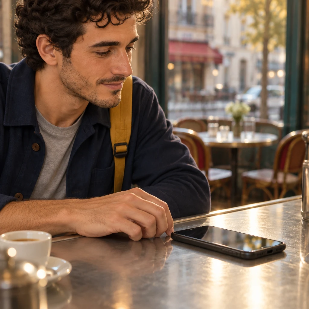 Sam's phone lies on the zinc playing a voice note, his hand idle beside it, the empty window table soft beyond.