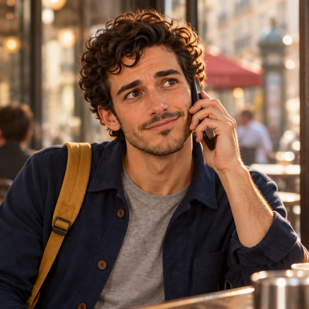 A close-up of Sam at the zinc reacting as he listens on the phone.