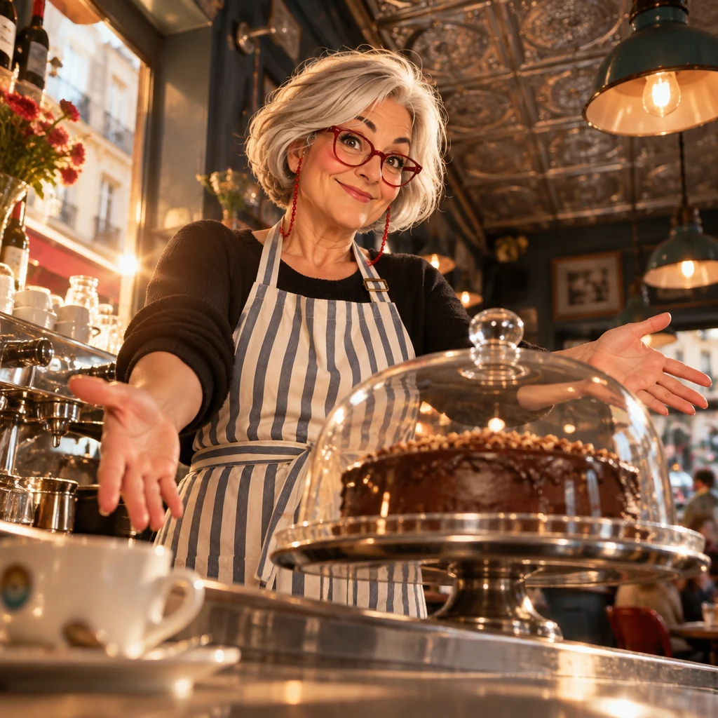 Odile behind the zinc throws her hands out toward a rich cake on a tray, shocked at how expensive it is.