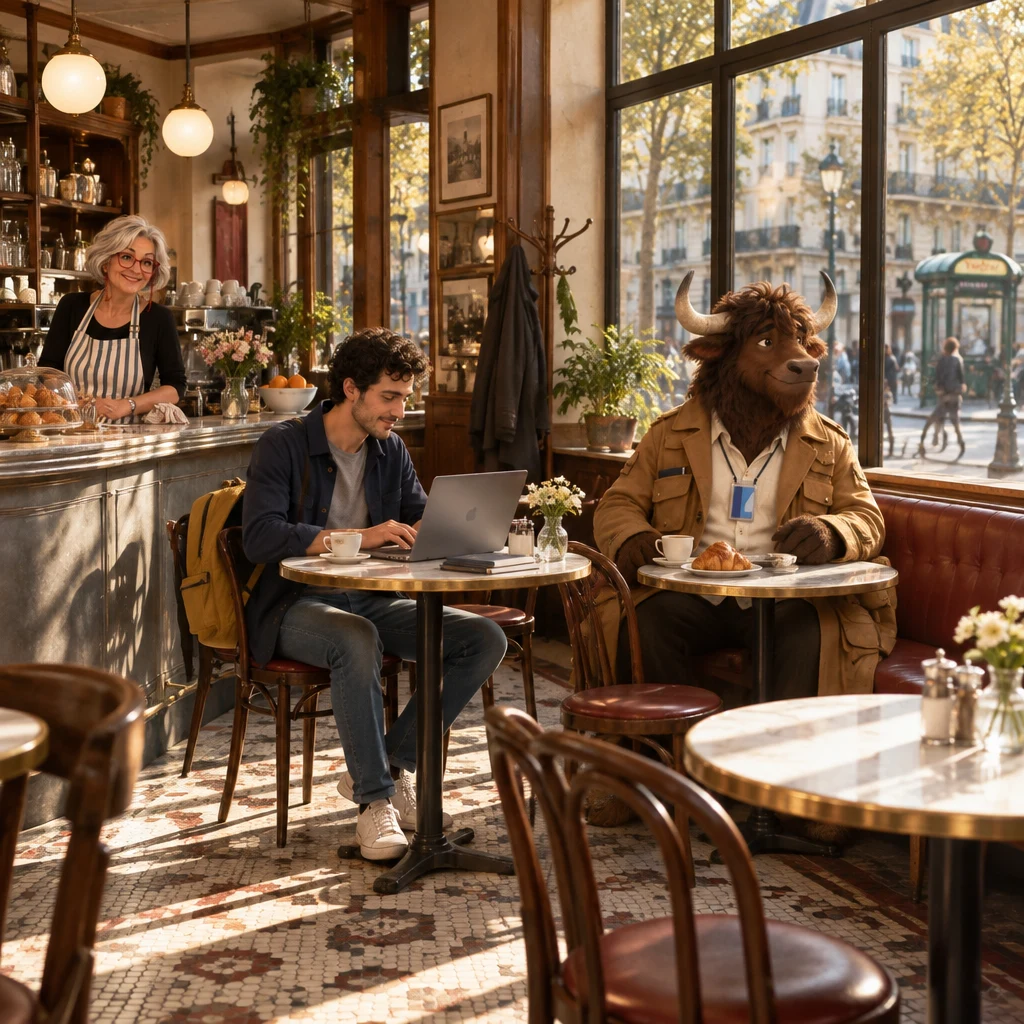 Sam sits at a round marble table with an open laptop while Odile watches from the zinc counter and Gaspard occupies neighboring chairs at the next table, the window table left empty.