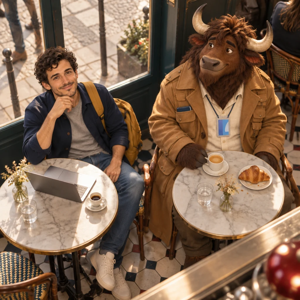 From above, Sam sits back from the marble table with a pleased professional posture while Gaspard listens from the next table.
