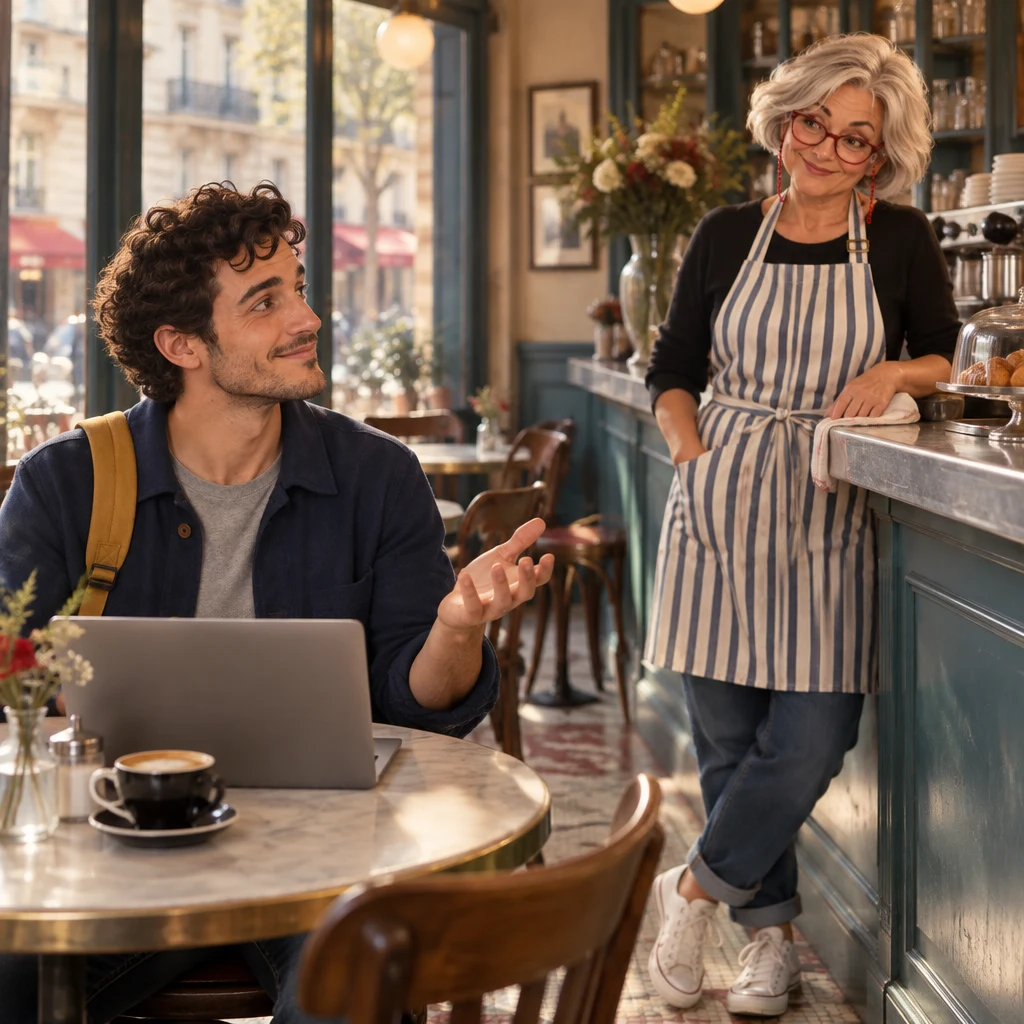Sam looks up from the laptop with a hand slightly raised while Odile watches from the zinc counter.