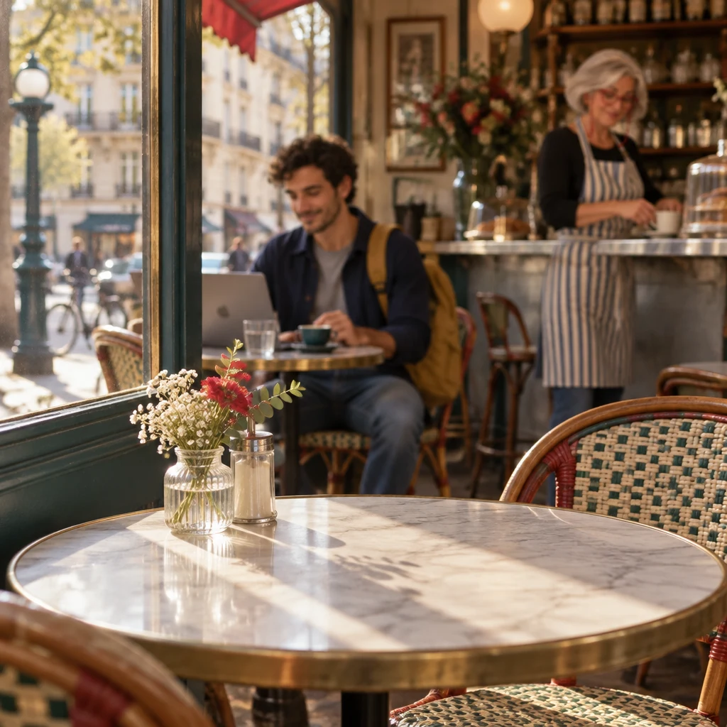 The empty window table sits in morning light, with Sam finishing at the marble table and Odile at the zinc counter, both soft in the background.