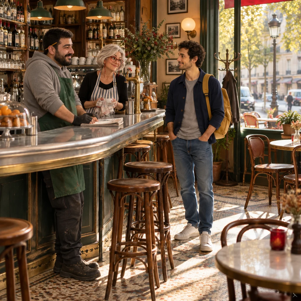 Saturday morning inside the café: Karim at the zinc beside a folded newspaper, Odile behind the bar, and Sam between the bar and the tables, with an empty table by the window.