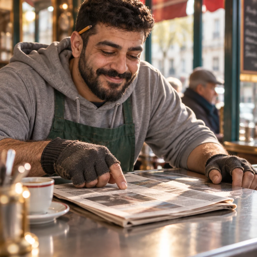 Karim leans in at the zinc and rests one finger on the folded newspaper.