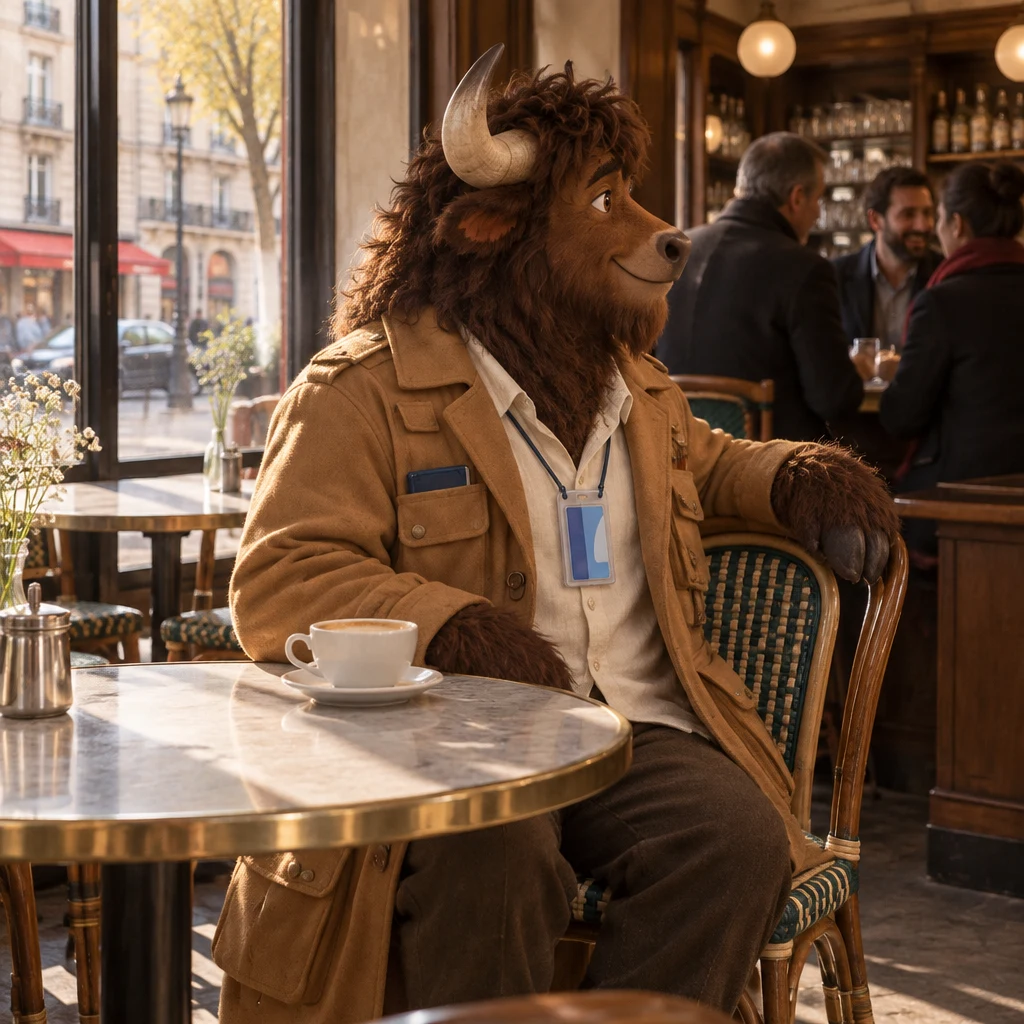 Gaspard sits on two chairs by the window, turning toward the zinc, café crème untouched.