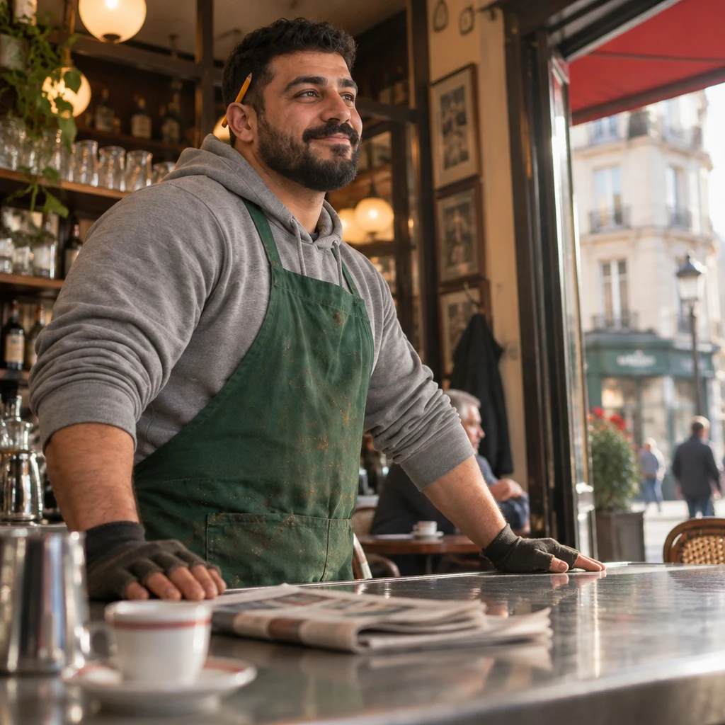 Karim stands at the zinc with both hands on the bar, body turned toward the café door in a still, weighted pause.