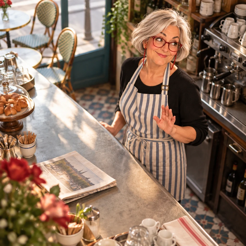Odile stands behind the bar, angled away from the newspaper, one hand raised in a small wait-and-see pause.