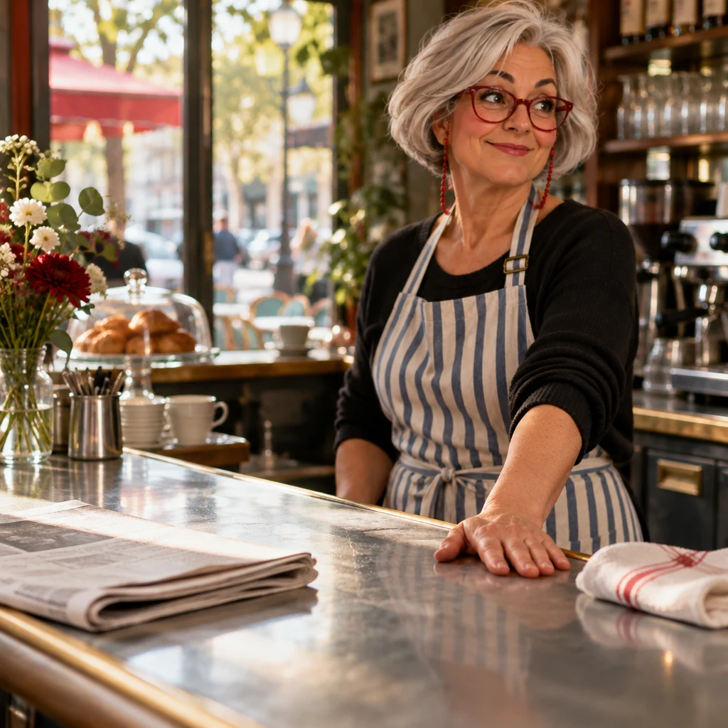 Odile's palm lies flat on the zinc, still and firm, while the folded newspaper is left untouched.