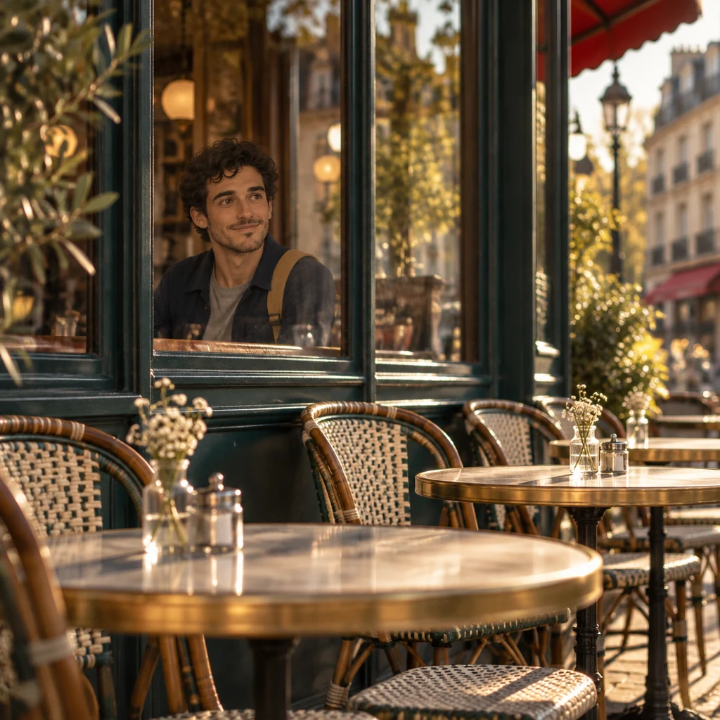 The empty terrace in late light, with Sam soft in the window looking out.