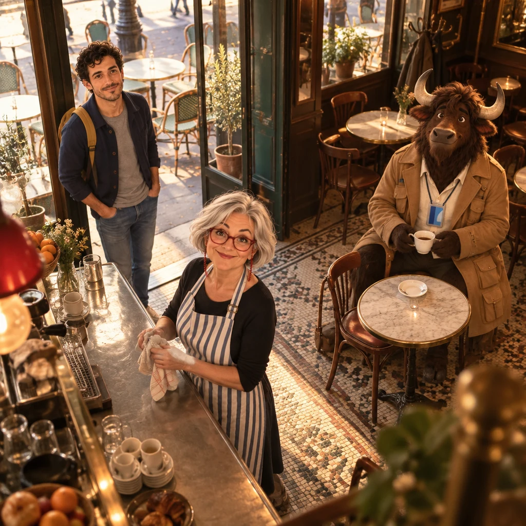 High view of Sam taking in the café, with Odile at the zinc and Gaspard on two chairs beside the empty two-top.