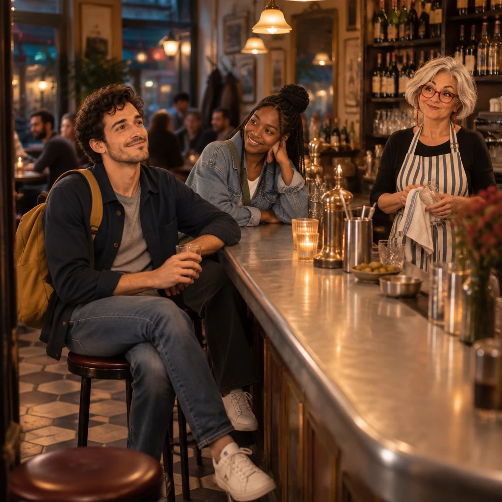 A wide evening view of Café des Tilleuls with Sam at the zinc, Inès two stools down, and Odile wiping a glass.