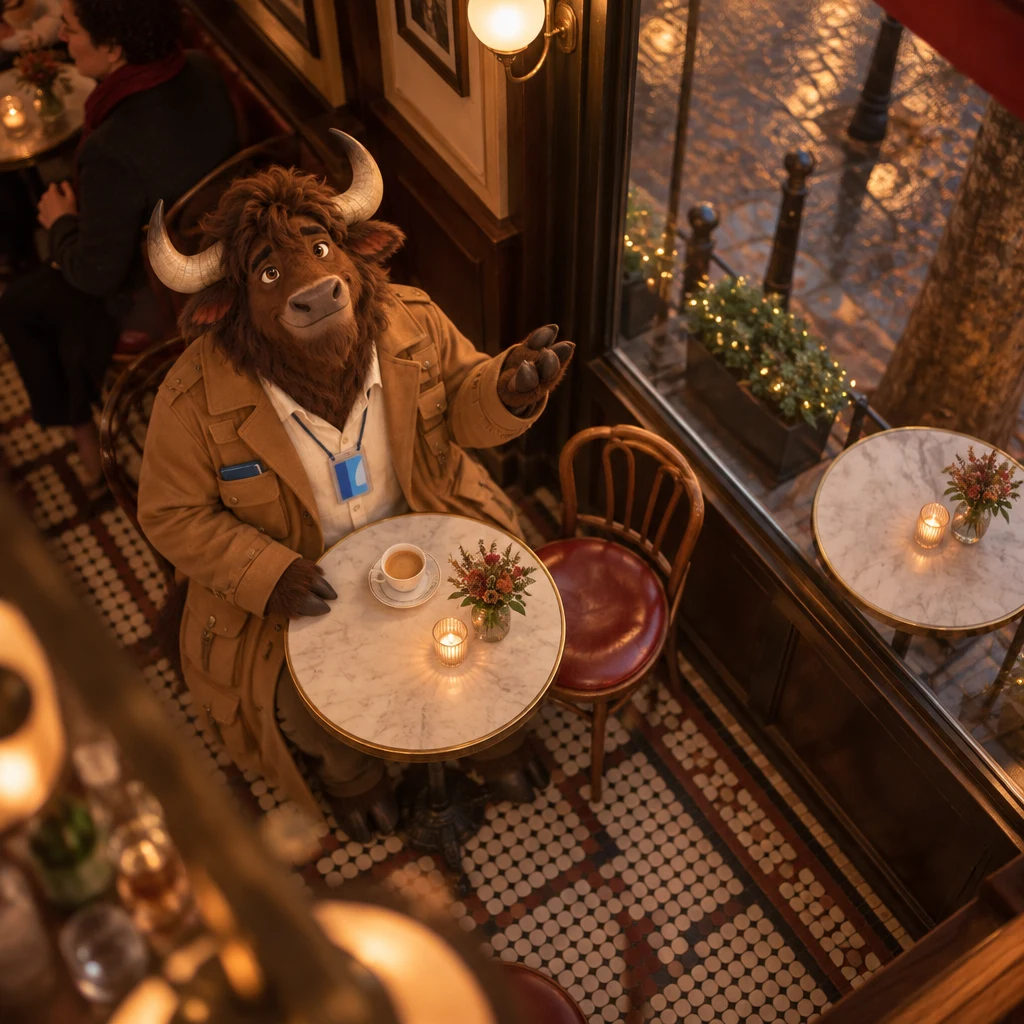 From above, Gaspard sits on two chairs by the window with one arm raised and a café crème left untouched.
