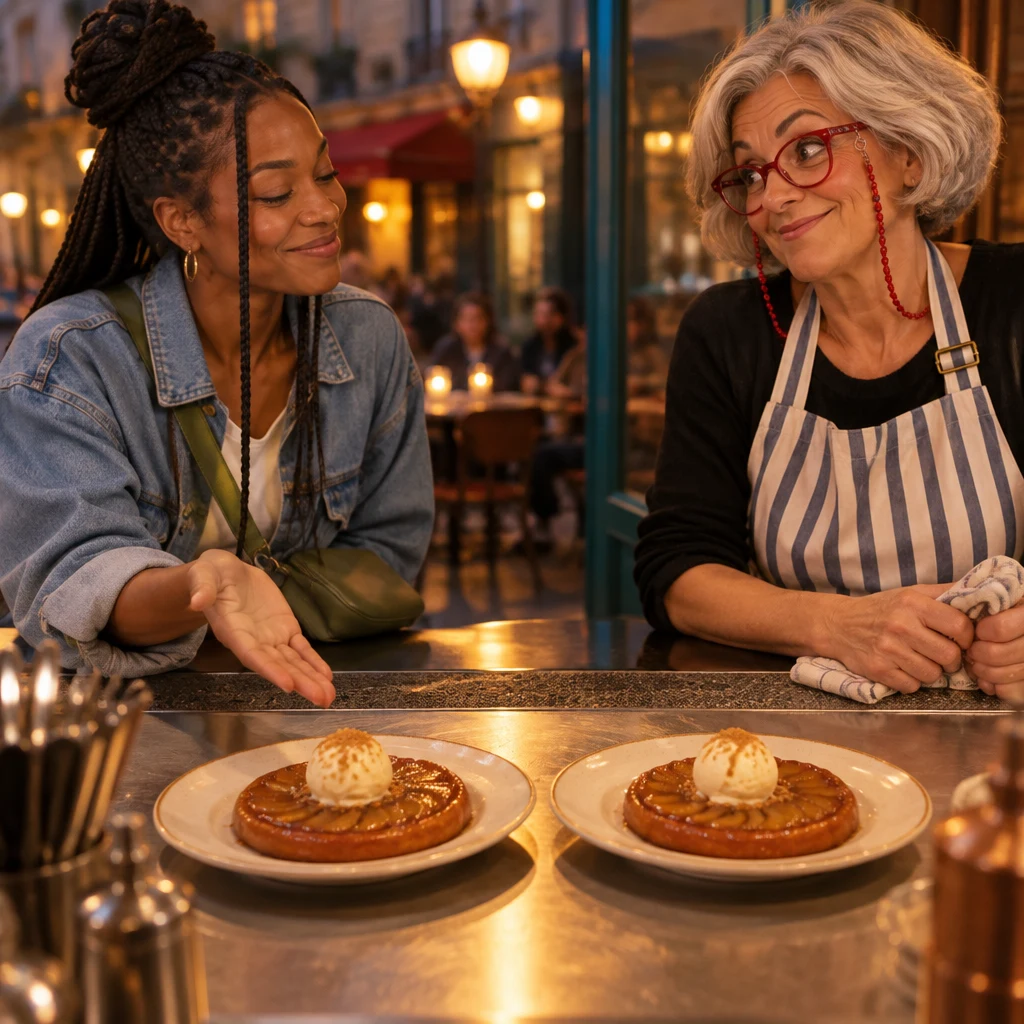 Two identical unmarked plates sit on the zinc while Inès leans toward Odile.