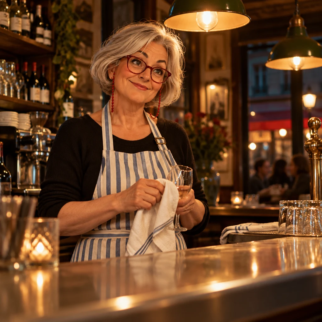 From the customer side of the zinc, Odile pauses mid-wipe and looks toward Inès's stool out of frame.