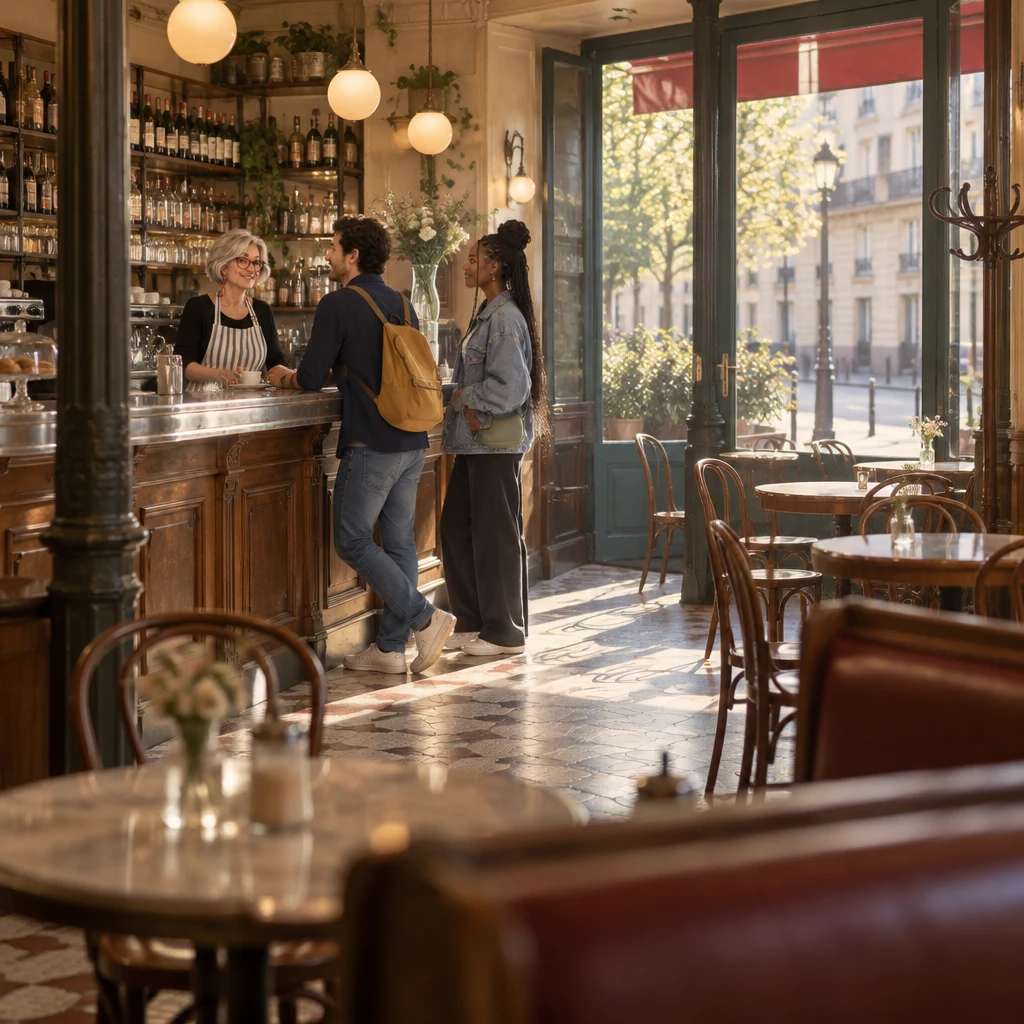 A wide late-morning interior of Café des Tilleuls with Sam, Odile, and Inès small at the zinc and the window table left empty.
