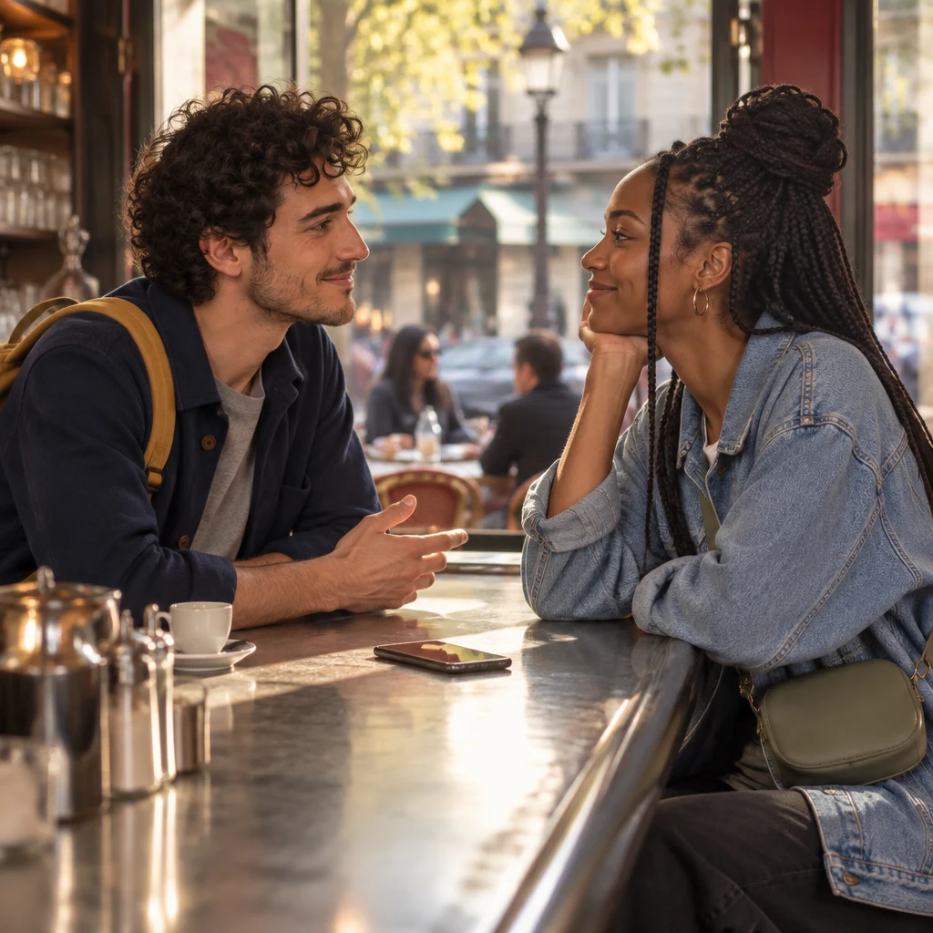 A profile view of Sam leaning toward Inès at the zinc with a blank phone lying between them.