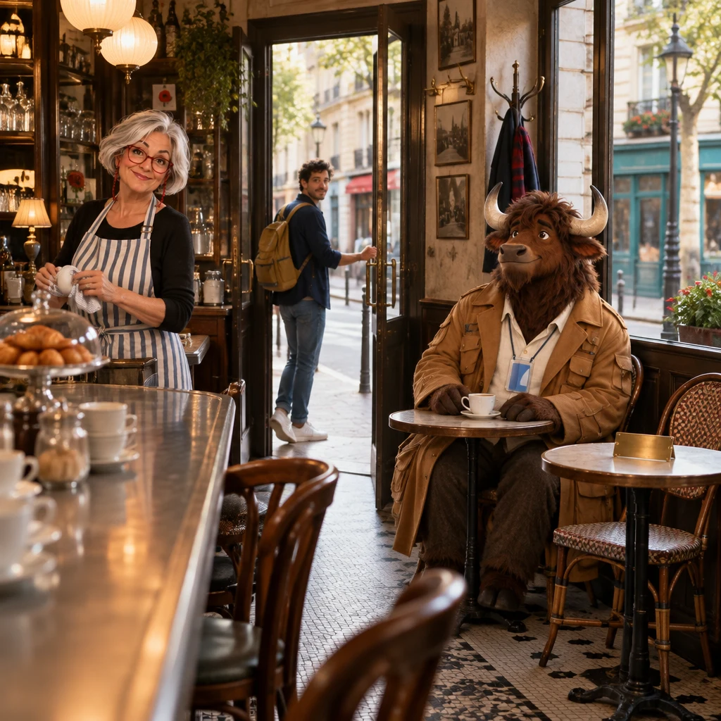Sam pushes open the café door while Odile stands at the zinc and Gaspard sits beside the window table with its blank brass plaque.