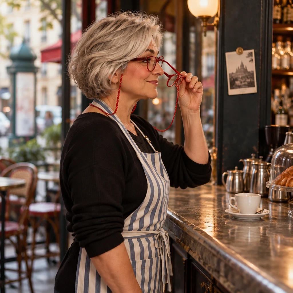 Odile at the zinc lifts her glasses on a chain toward her face for a moment.
