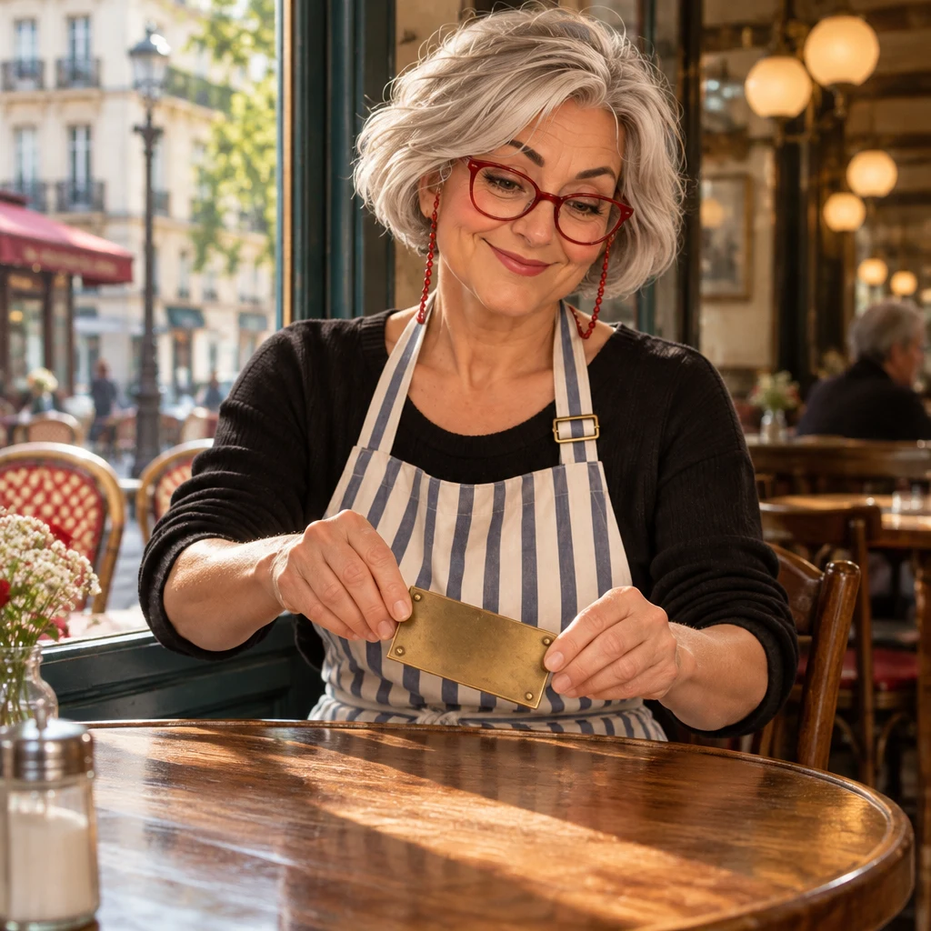 Odile lifts the blank brass plaque off the window table.