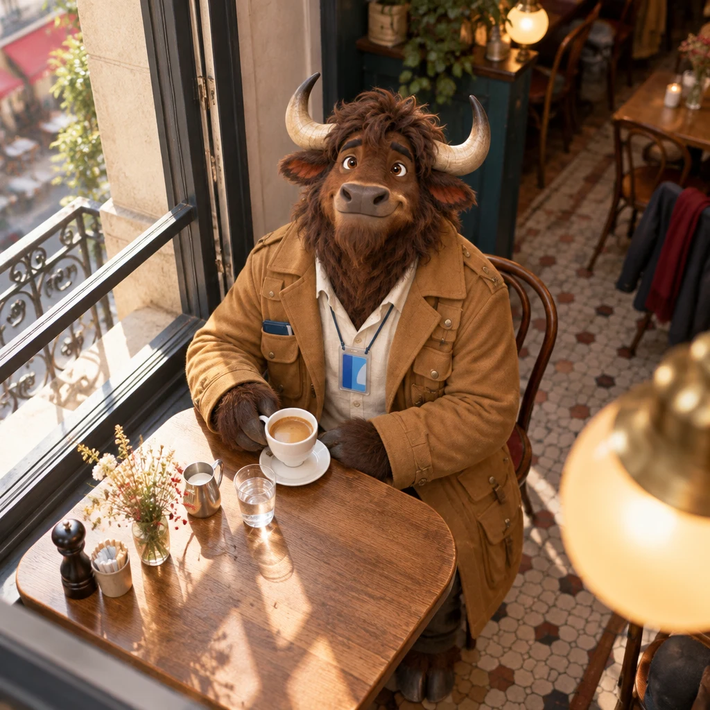 Gaspard sits at the window table on a pair of chairs to stay and finish a crème.