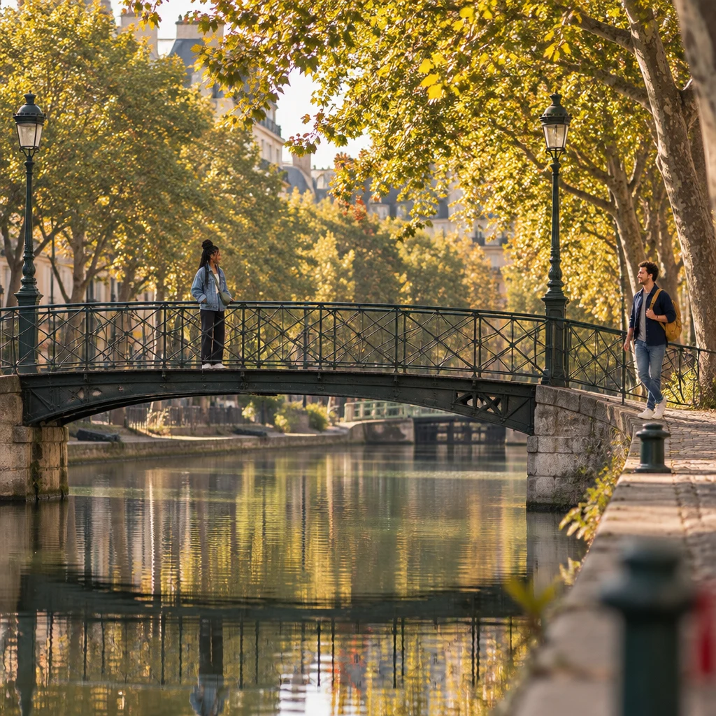 Inès waits mid-span on the iron canal footbridge while Sam walks up from the towpath.