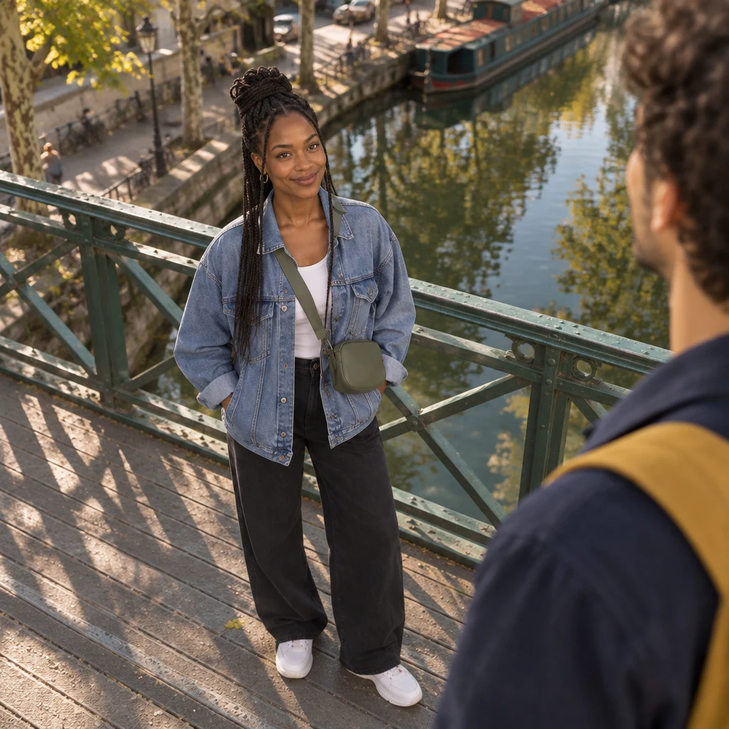 Inès gives a firm confirming nod on the footbridge, with only Sam's shoulder at the edge.
