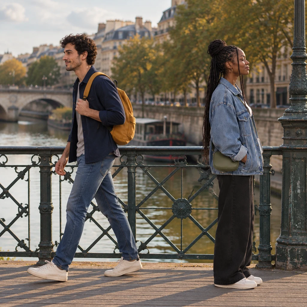 In profile on the footbridge, Sam steps toward the water while Inès stays at the rail and shakes her head.