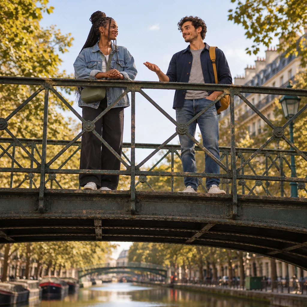 From below the bridge, Inès and Sam stay on the span and accept the later plan without starting the walk.