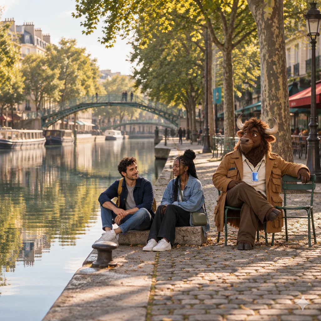 Wide view of Sam and Inès sitting small on the Canal Saint-Martin stone quay with Gaspard on two chairs on the path, plane trees, still water, and an iron footbridge.