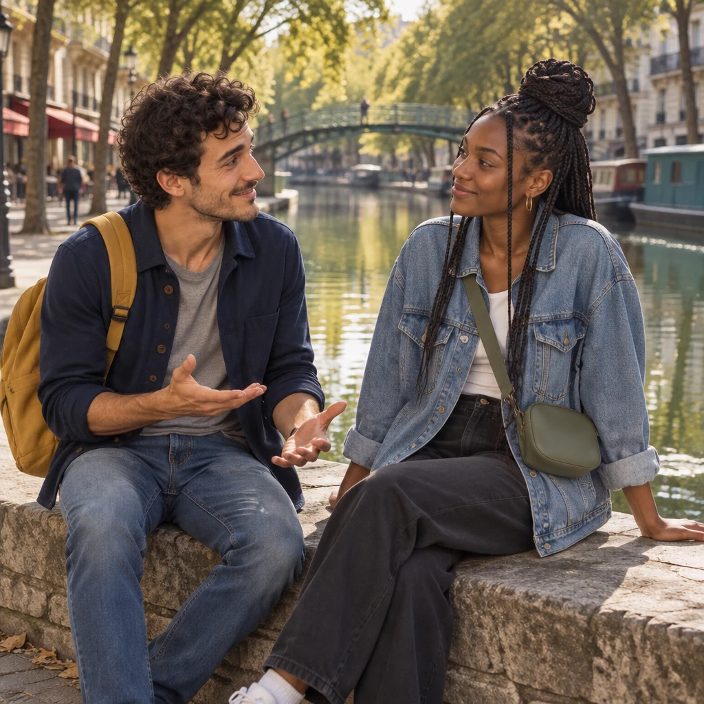 Sam sits on the quay turning toward Inès with an open comparing hand gesture while Inès leans on the stone and listens.
