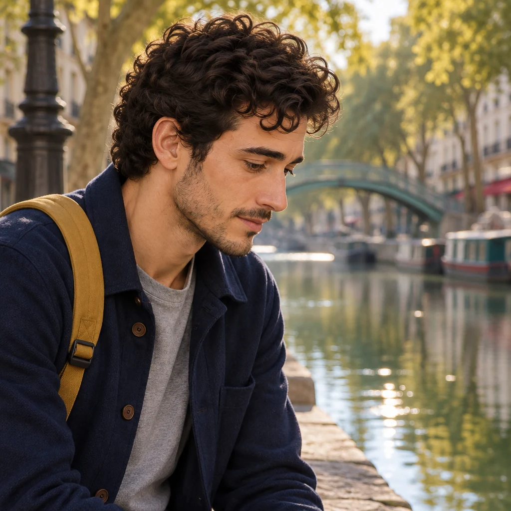 Sam sits alone on the quay looking down at the still water with an uncertain, inward posture.