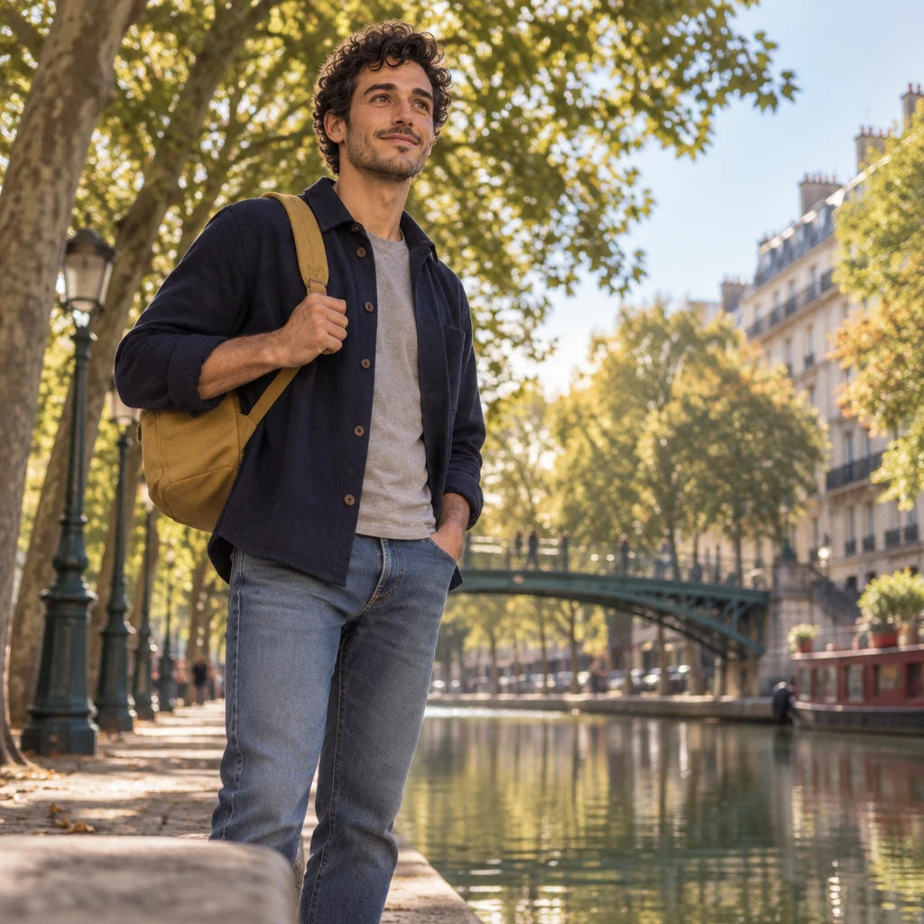 Sam stands on the quay looking along the tree-lined path with a settled, oriented stance.