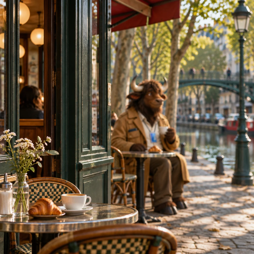 A corner café on the canal path is in focus, with Gaspard soft in the background on two chairs, a croissant in reach and an unfinished café crème beside.