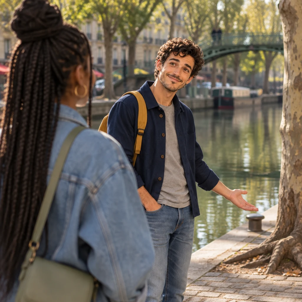 Over the shoulder of Inès, Sam sits on the quay with a tilted head and a baffled open-hand gesture at an ordinary canal-side detail.