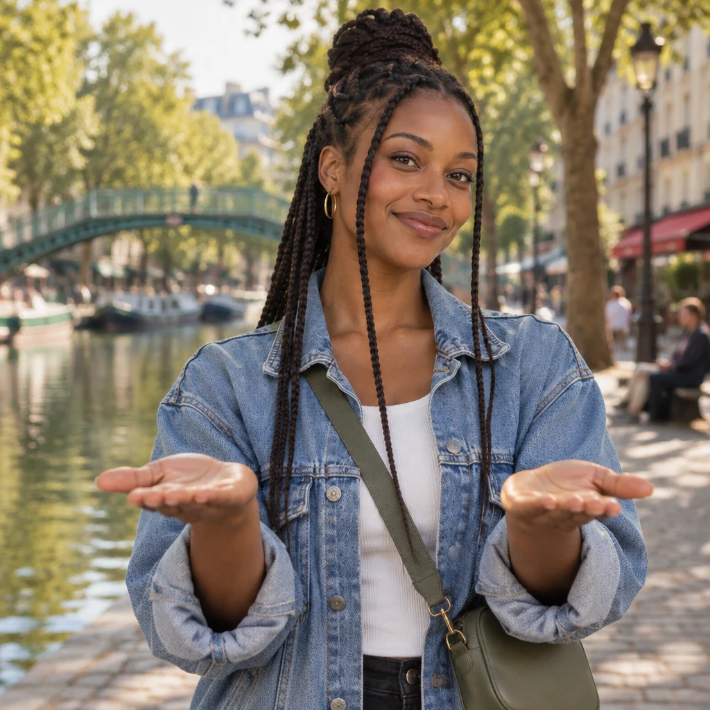 Inès holds both palms out at the same height in a calm even unranking gesture, with the canal and footbridge soft behind.