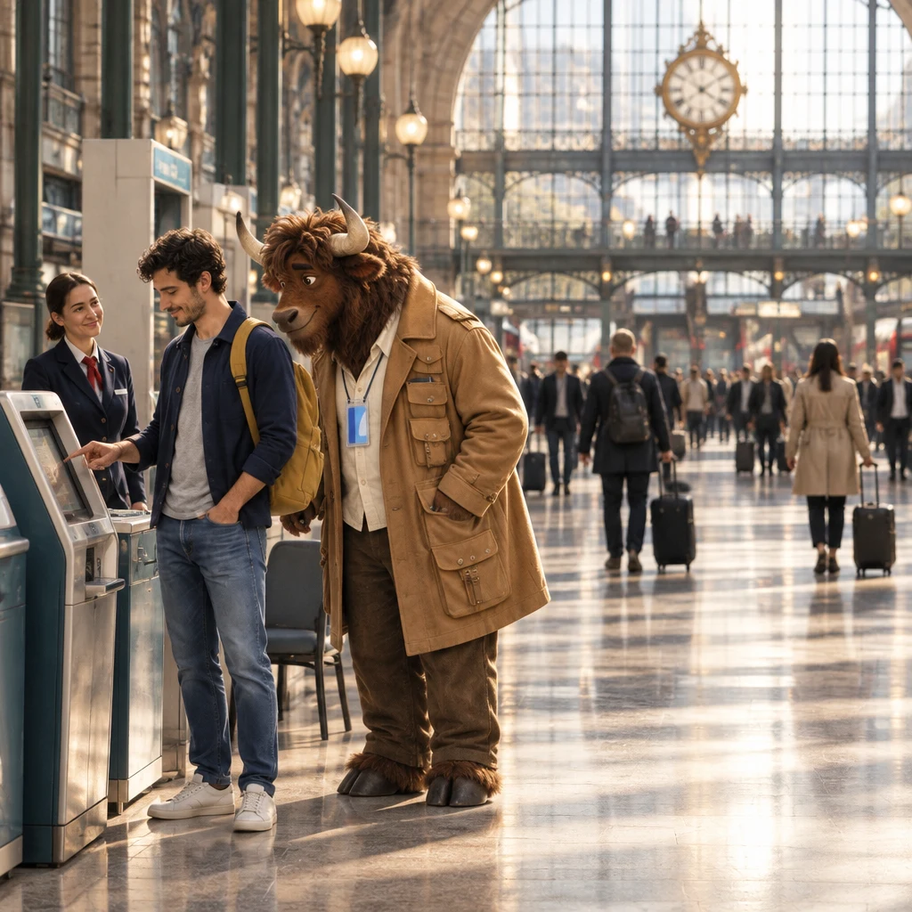 A wide view of the busy station hall with Sam at a ticket machine, Gaspard leaning at the screen, and a clerk waiting at the next desk.
