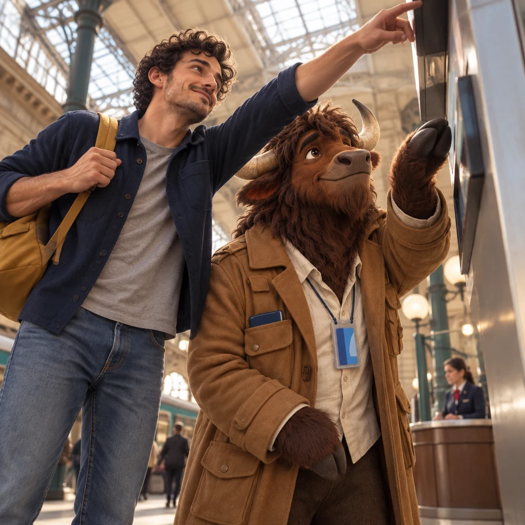A low view up at Gaspard trying to perch on the ticket machine while Sam reaches toward the screen.