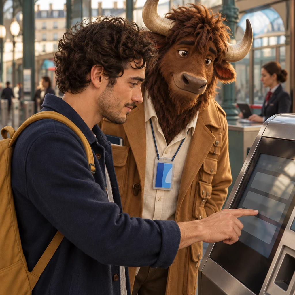 An over-the-shoulder view of Sam pointing at a blank class option on the ticket machine as Gaspard leans in.