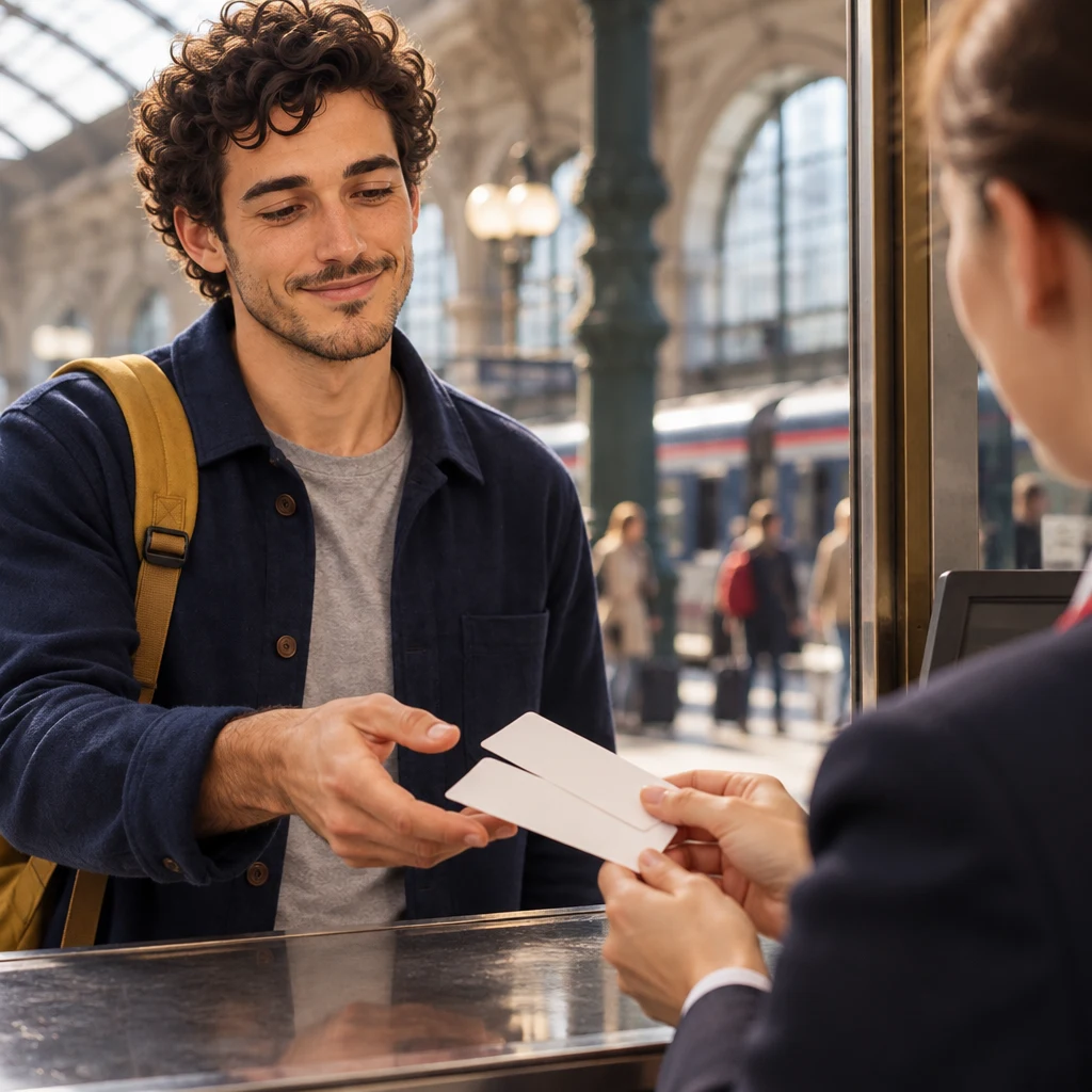 A close-up of a clerk holding out blank tickets across the service desk toward Sam's hand.