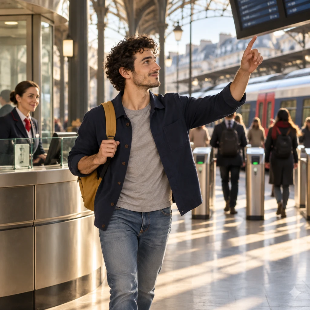 Sam leaving the ticket desk toward the platform gates with one hand raised at an overhead display.