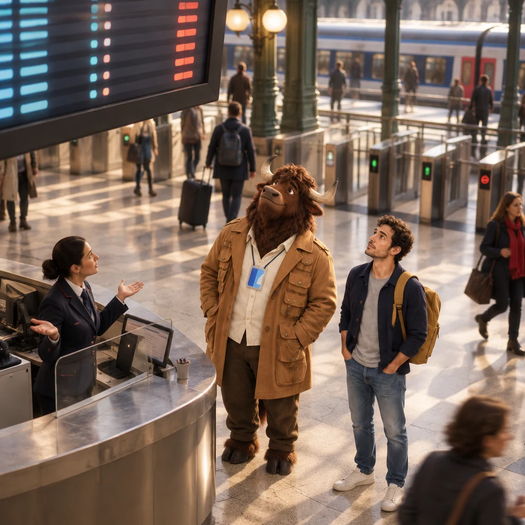 A high view of Gaspard at an overhead display and a clerk shrugging while a train sits idle beyond the gates.
