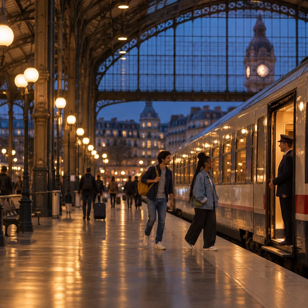 Sam and Inès hurry down a Gare de Lyon platform toward a train with open doors while station staff waits in the doorway.