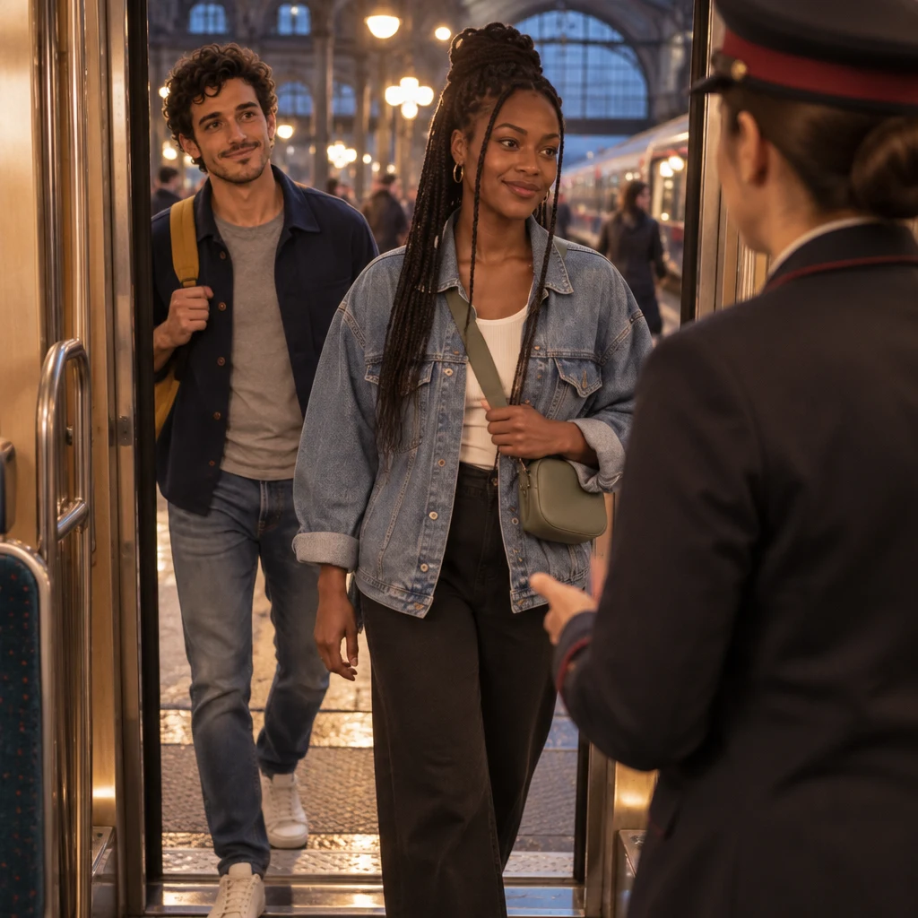 Inès and Sam step through the open train doors as station staff stops them in the aisle.