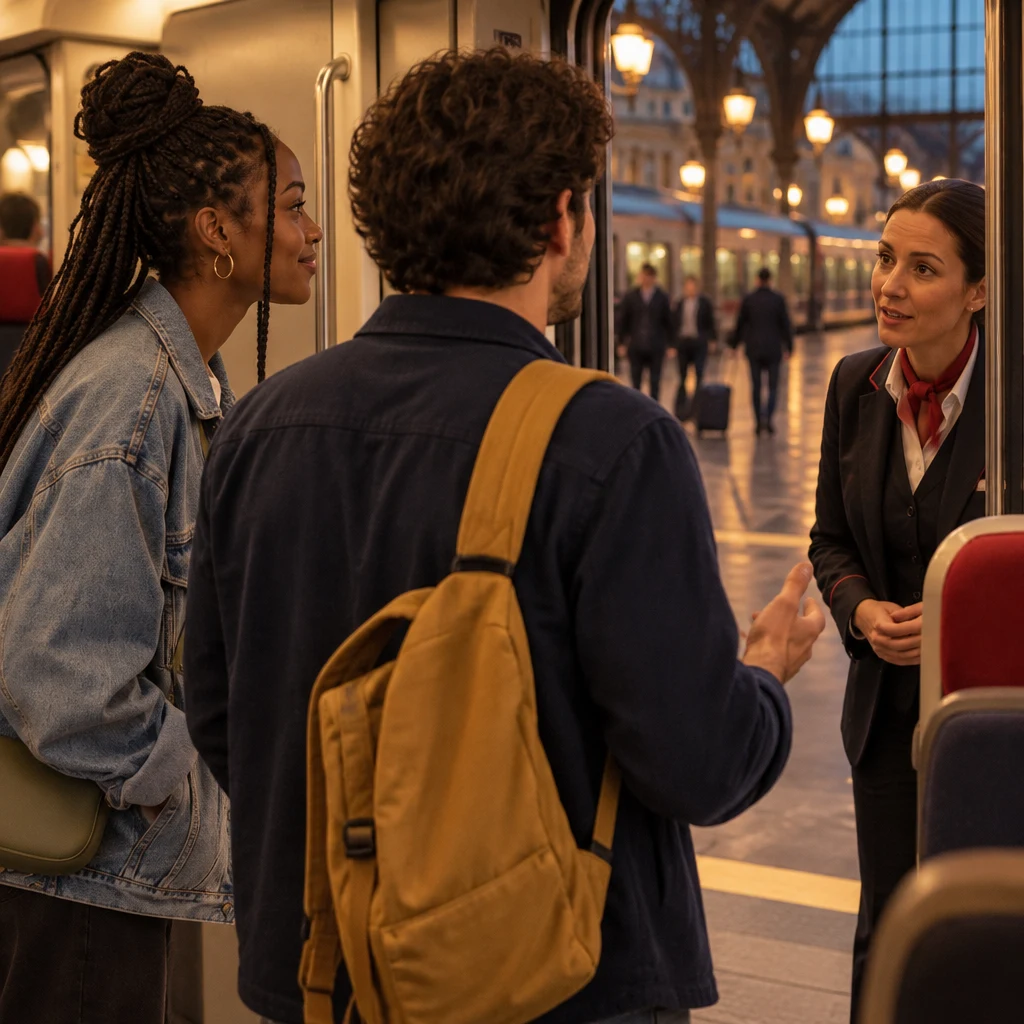 Sam asks station staff in the doorway about the train while Inès leans in beside him.