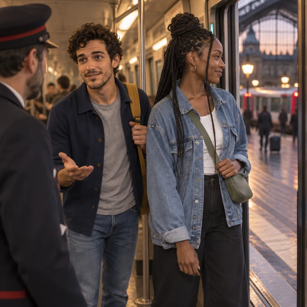 Sam and Inès ask station staff how to change trains, already turning as if to get off.