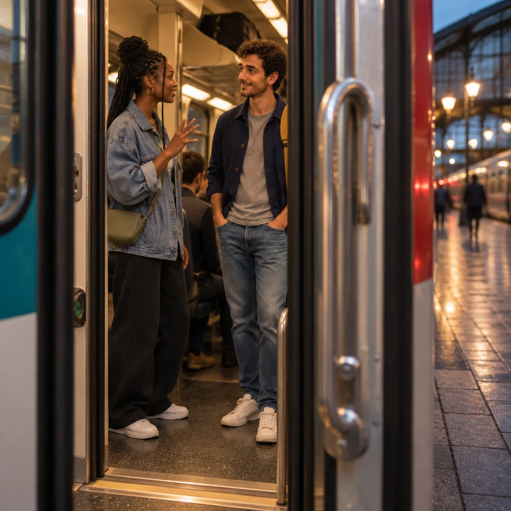 Inès turns toward Sam in the carriage and starts shaping the story of boarding too fast.